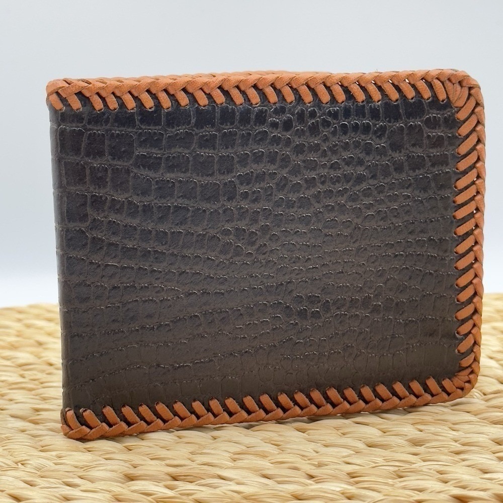 Genuine Reptile Skin Leather Bifold Men's Handmade Brown Tan Trim